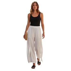 RHEA Osaka White 100% Cotton Wide Leg Pants S/M NWT Coastal Resort Side Slit